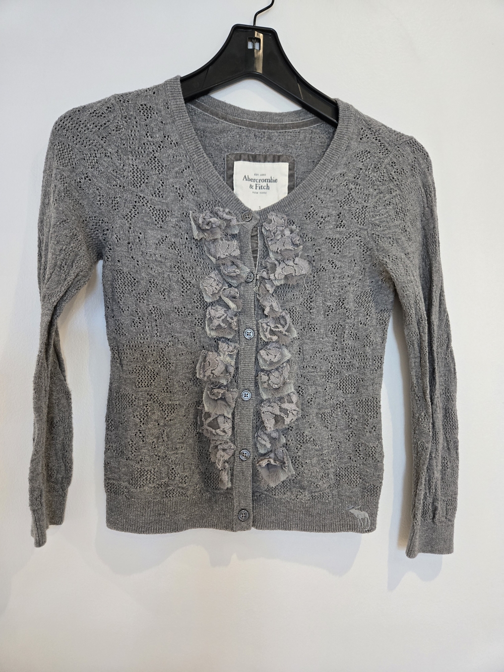 Abercrombie & Fitch Gray Ruffle-Front Knit Cardigan